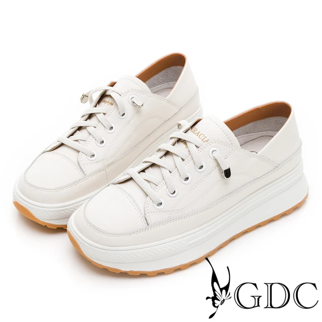 GDC 基本款素色青春風厚底免綁帶真皮休閒鞋-白色(3161