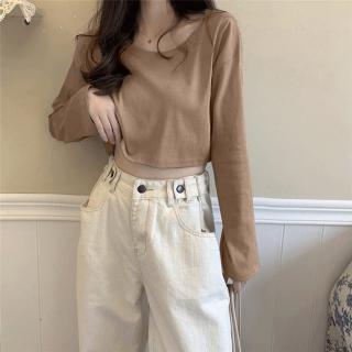【D.studio】韓版寬鬆素色短版長袖上衣(女裝 衣服 寬鬆上衣 顯瘦上衣 長袖t恤 冬裝 素T W376)