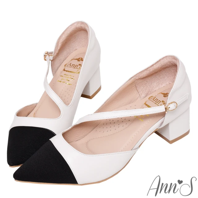 Ann’SAnn’S 高訂綿羊皮-小香風撞色 絕美弧線粗跟尖頭鞋5cm(白)