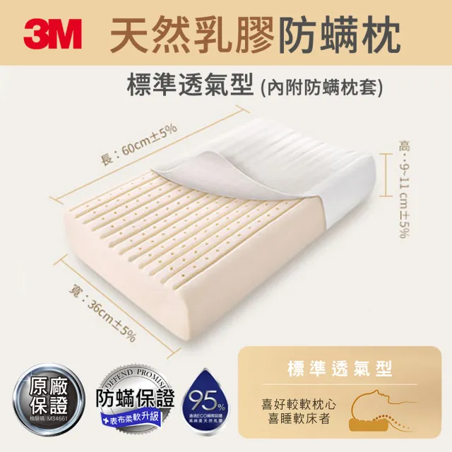 【3M】馬來西亞天然乳膠防蹣枕頭-標準透氣型/附防蹣枕套