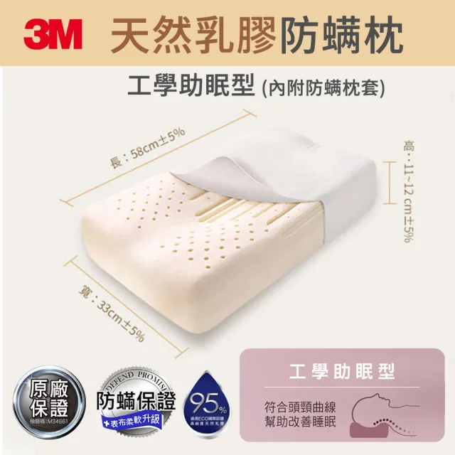 【3M】馬來西亞天然乳膠防蹣枕-工學助眠型/附防蹣枕套