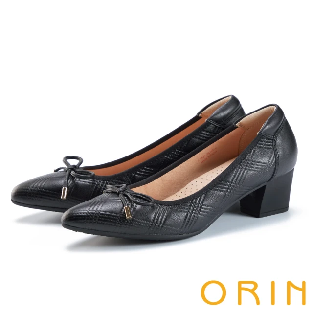 ORIN 質感菱格壓紋真皮尖頭中跟鞋(黑色)評價推薦