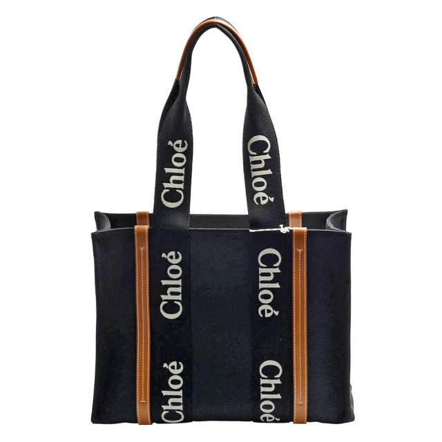 Chloe’ 蔻依 經典WOODY TOTE BAG系列帆布手提/肩背托特包(中-黑/米色CHC23AS383L17915)