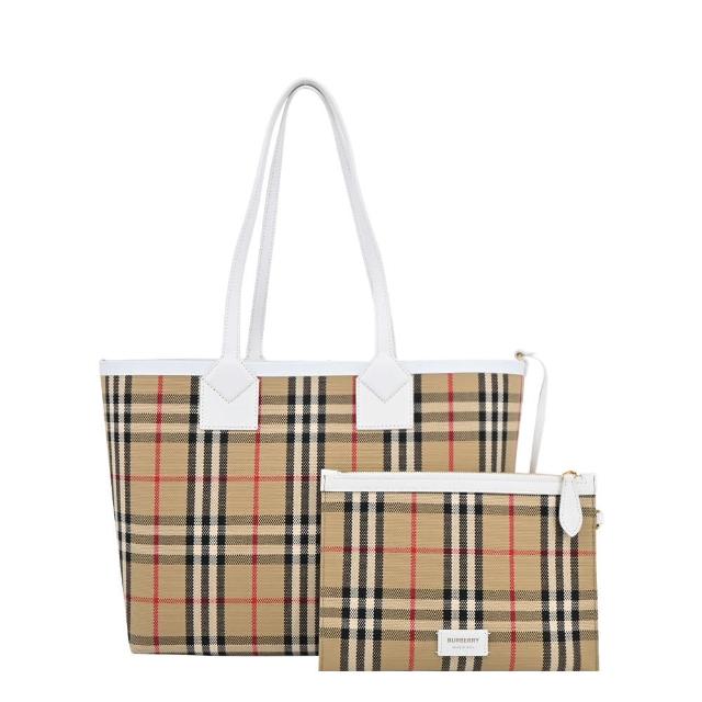 【BURBERRY 巴寶莉】London經典格紋小型托特包(卡其白)