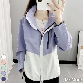 【MsMore】衝鋒衣薄款防風長袖防輕潑水撞色短版夾克外套#119147(白/粉/藏青/紫)