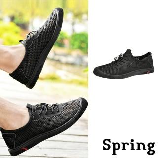 【SPRING】真皮休閒鞋 網布休閒鞋/真皮復古網布拼接束帶造型休閒鞋-男鞋(黑)