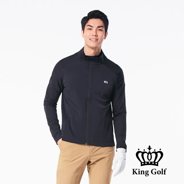 【KING GOLF】速達-男款KG印圖防風防水拉鍊素面長袖夾克外套(黑色)