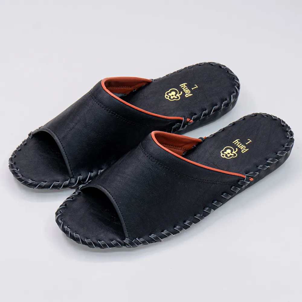 【PANSY】女士 手工製作 防滑舒適柔軟 皮革室內拖鞋 室內鞋 拖鞋 防滑拖鞋(黑色 9505)