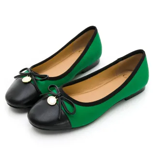 【GDC】氣質風蝴蝶結飾釦真皮圓頭平底包鞋-綠色(224496-18)