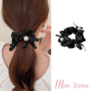 【MISS KOREA】珍珠髮圈 蝴蝶結髮圈/氣質亮絲緞面珍珠蝴蝶結造型大腸圈 髮圈 髮繩(3色任選)