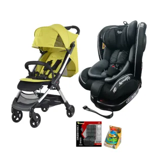 【YIP baby】CAPACITY 0-12歲 ISOFIX旋轉汽車安全座椅/汽座+輕便登機嬰兒手推車(黑色汽座+推車-荳蔻綠組合)
