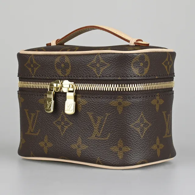 【Louis Vuitton 路易威登】LV Nice Nano印花紋LOGO Monogram帆布雙拉鍊頭手提化妝箱(迷你/棕褐)