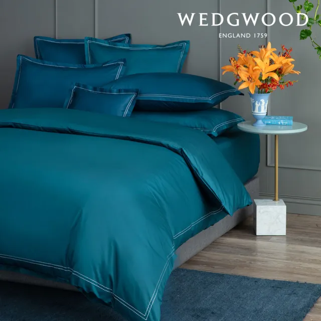 【WEDGWOOD】500織長纖棉Solid Color簡約系列星點繡款 鬆緊床包-雲杉綠(特大)