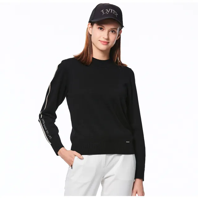 【Lynx Golf】女款羊絨混紡材質羅紋設計兩袖配條造型長袖圓領毛衣(二色)
