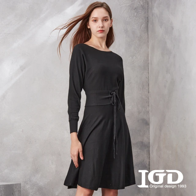 IGD 英格麗 網路獨賣款-一字領收腰綁帶連身裙/洋裝(黑色)