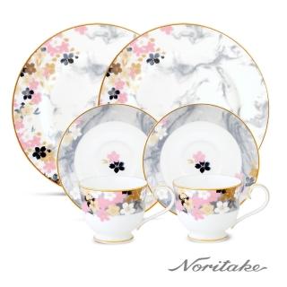 【NORITAKE】月影浮花金邊骨瓷-午茶圓盤咖啡對杯6件組(禮盒組 新品上市)