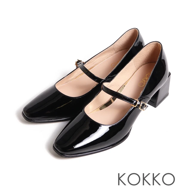 KOKKO 集團 精緻女人方頭瑪莉珍漆皮方粗跟鞋(黑色)折扣