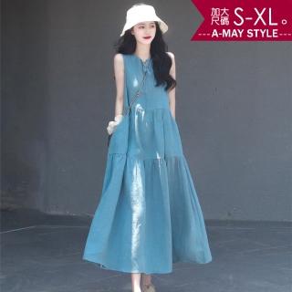 【艾美時尚】中大尺碼女裝 洋裝 浪漫無袖牛仔澎澎連身洋裝。S-XL(藍.預購)