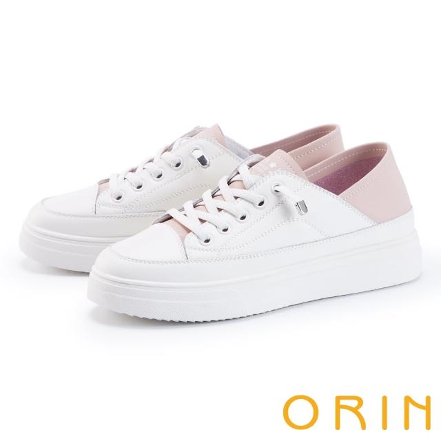 【ORIN】輕甜色系兩穿牛皮厚底休閒鞋(白+粉)