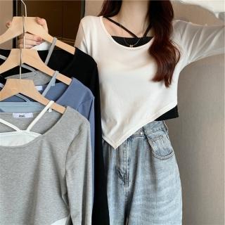 【D.studio】韓版慵懶風假兩件撞色不規則長袖上衣(女裝 衣服 寬鬆上衣 顯瘦上衣 長袖t恤 冬裝 W365)