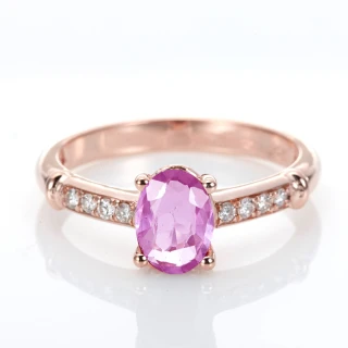 【DOLLY】0.70克拉 18K金天然粉紅藍寶石玫瑰金鑽石戒指(003)