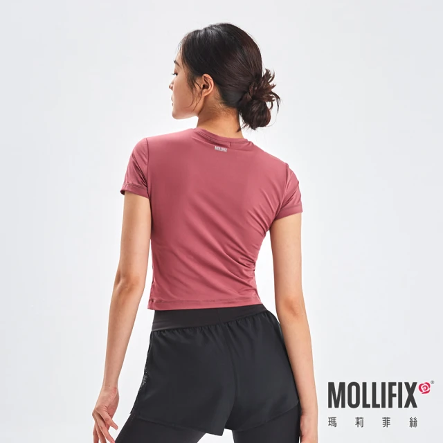 【Mollifix 瑪莉菲絲】修身鏤空運動短袖BRA TOP、瑜珈服、無鋼圈、開運內衣(乾燥玫瑰)