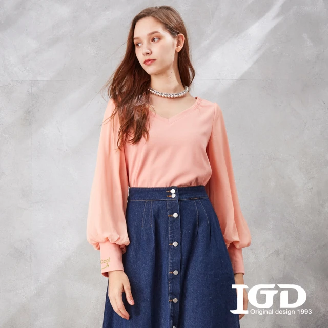 IGD 英格麗 網路獨賣款-都會V領泡泡袖造型上衣(粉色)