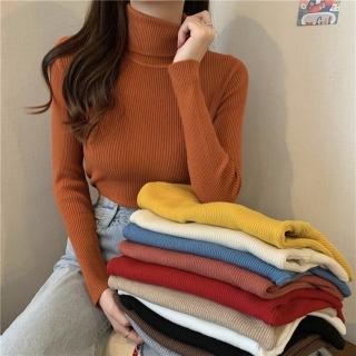 【D.studio】韓版高領彈性顯瘦長袖針織上衣(毛衣長袖上衣女裝衣服顯瘦上衣長袖t恤冬裝發熱衣素T W142)