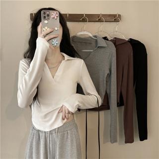 【D.studio】韓版休閒V領短版長袖上衣(女裝 衣服 寬鬆上衣 顯瘦上衣 長袖t恤 冬裝 素TW409)