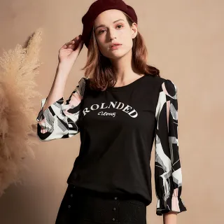 【TOWN’WEAR 棠葳】時尚印字荷葉袖棉質上衣(女上衣/女上著/長袖/撞色/鑽飾)