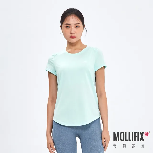 【Mollifix 瑪莉菲絲】弧形剪接修身短袖訓練上衣、瑜珈上衣、瑜珈服(薄荷綠)