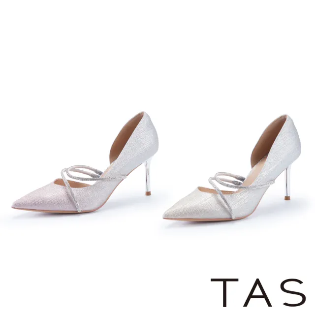 【TAS】格麗特金屬鑽條繞帶尖頭花嫁高跟鞋(金銀)