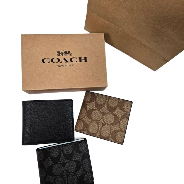 【COACH】coach 經典證件6卡 對開男短夾 禮盒禮袋組 3色可選 荔枝紋黑色／老花咖啡／老花黑灰(母親節)