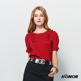 【HONOR 山形屋】圓領對稱花邊肩飾上衣-紅/白/黑(MOMO獨家限定)
