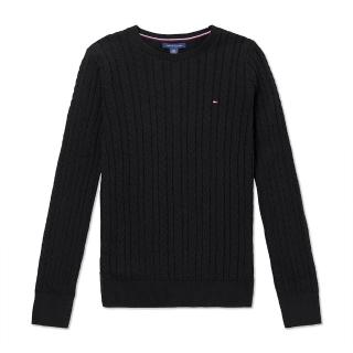 【Tommy Hilfiger】TOMMY 經典圓領刺繡小LOGO麻花針織毛衣 上衣-女-黑色(平輸品)
