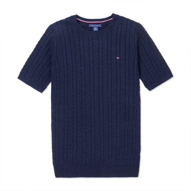 Tommy Hilfiger TOMMY 經典圓領刺繡小LOGO短袖麻花針織毛衣 上衣-女-深藍色(平輸品)