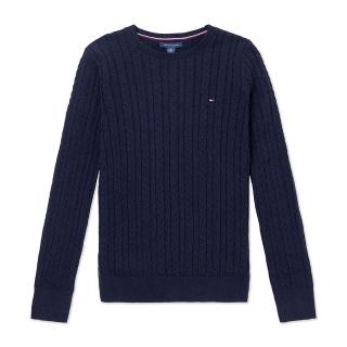 【Tommy Hilfiger】TOMMY 經典圓領刺繡小LOGO麻花針織毛衣 上衣-女-深藍色(平輸品)