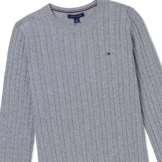 【TOMMY HILFIGER】TOMMY 經典圓領刺繡小LOGO麻花針織毛衣 上衣-女-灰色(平輸品)