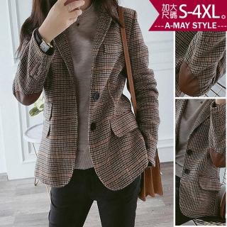 【艾美時尚】中大尺碼女裝 夾克 毛呢外套 率性格紋毛呢西裝外套。S-4XL(咖啡.現貨+預購)