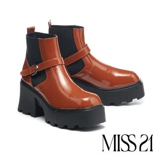 【MISS 21】霸氣2k’s純色漆皮切爾西大方頭高跟厚底短靴(棕)