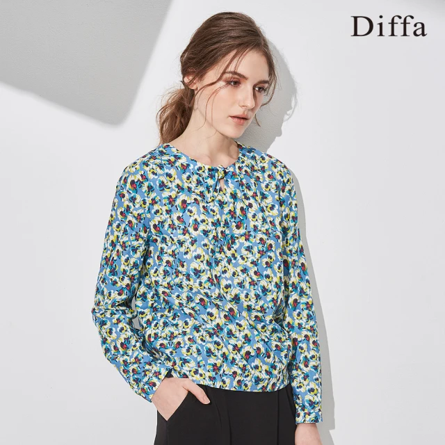Diffa 歐風時尚藍花領結上衣-女折扣推薦