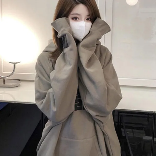 【D.studio】韓版復古內刷毛連帽寬鬆上衣(長袖上衣女裝衣服寬鬆上衣 顯瘦上衣長袖t恤冬裝大學TW312)
