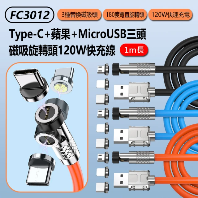 IS FC3012 三頭磁吸旋轉頭120W快充線1M(Type-C+Lightning+MicroUSB)