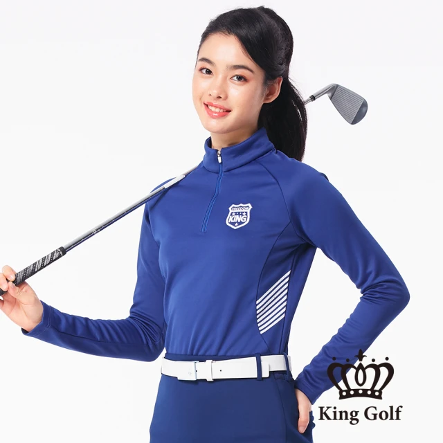 KING GOLF 素面拼接條紋厚款搖粒刷毛立領拉鍊長袖POLO衫(藍色)