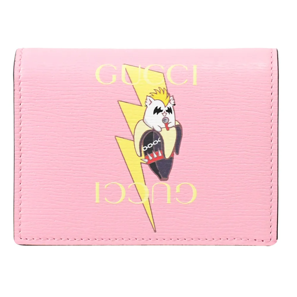 【GUCCI 古馳】Bananya 限定聯名款經典LOGO牛皮扣式零錢短夾(粉)