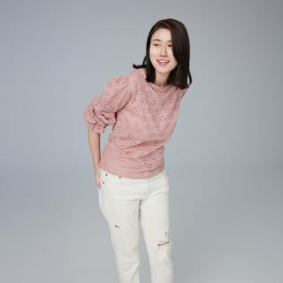 【ByKRAWCOWA】初秋長袖純棉刺繡上衣(質感百搭 純棉長袖 粉色 白色)