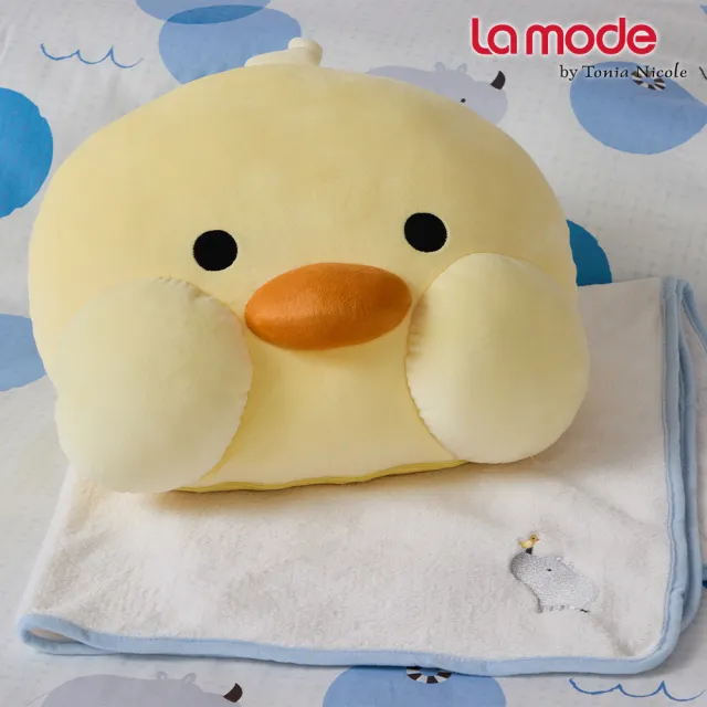 【La mode】環保印染100%精梳棉兩用被床包組-悠悠水樂園+小悠鴨鴨兩用抱枕毯(雙人)