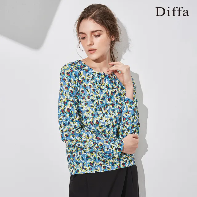 【Diffa】歐風時尚藍花領結上衣-女