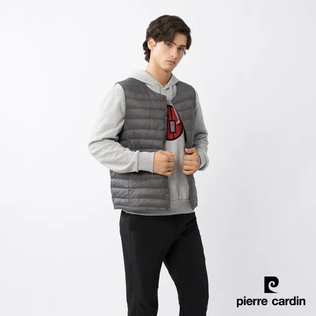 【pierre cardin 皮爾卡登】網路獨家 男款 無印簡約風兩穿圓領V領羽絨背心-灰色(7235371-98)