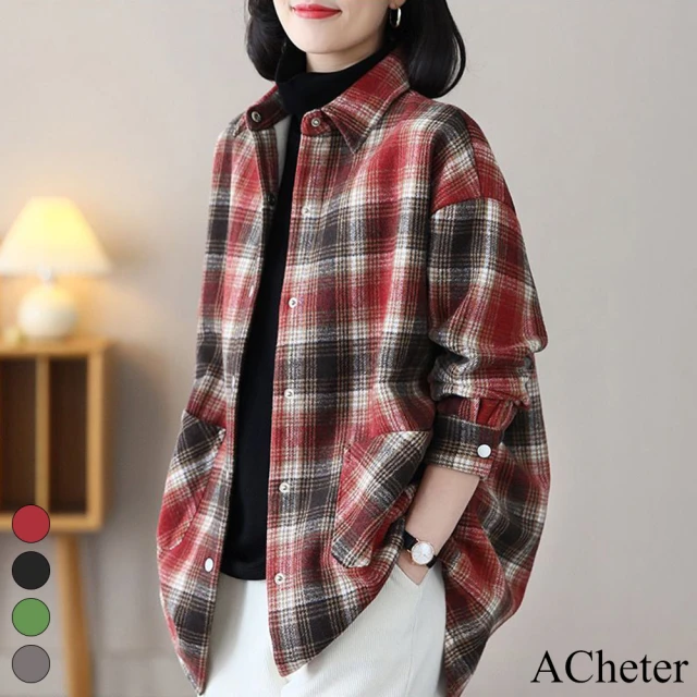 【ACheter】格子襯衫大碼外套時尚長袖中長版襯衫上衣#119013(黑/紅/卡其/綠)